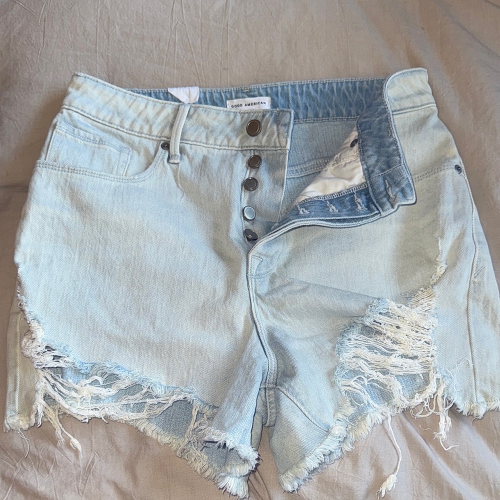 Good American Light Blue Frayed Jean Shorts